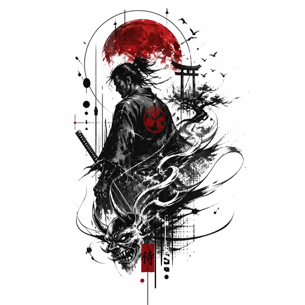 Samurai Game Character With Blood Moon - Abstract tattoo design