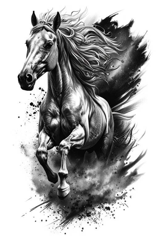 Running White Horse Tattoo, Front View Horse Charging Forward - Black And Grey Thigh tattoo design idea for men