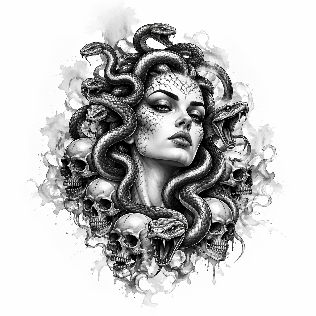 Medusa Portrait With A Background Of Skulls - Black And Grey Forearm tattoo design idea for women