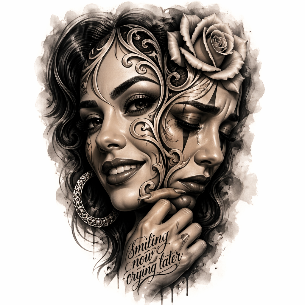 Smiling Now Crying Later - Chicano Forearm tattoo design