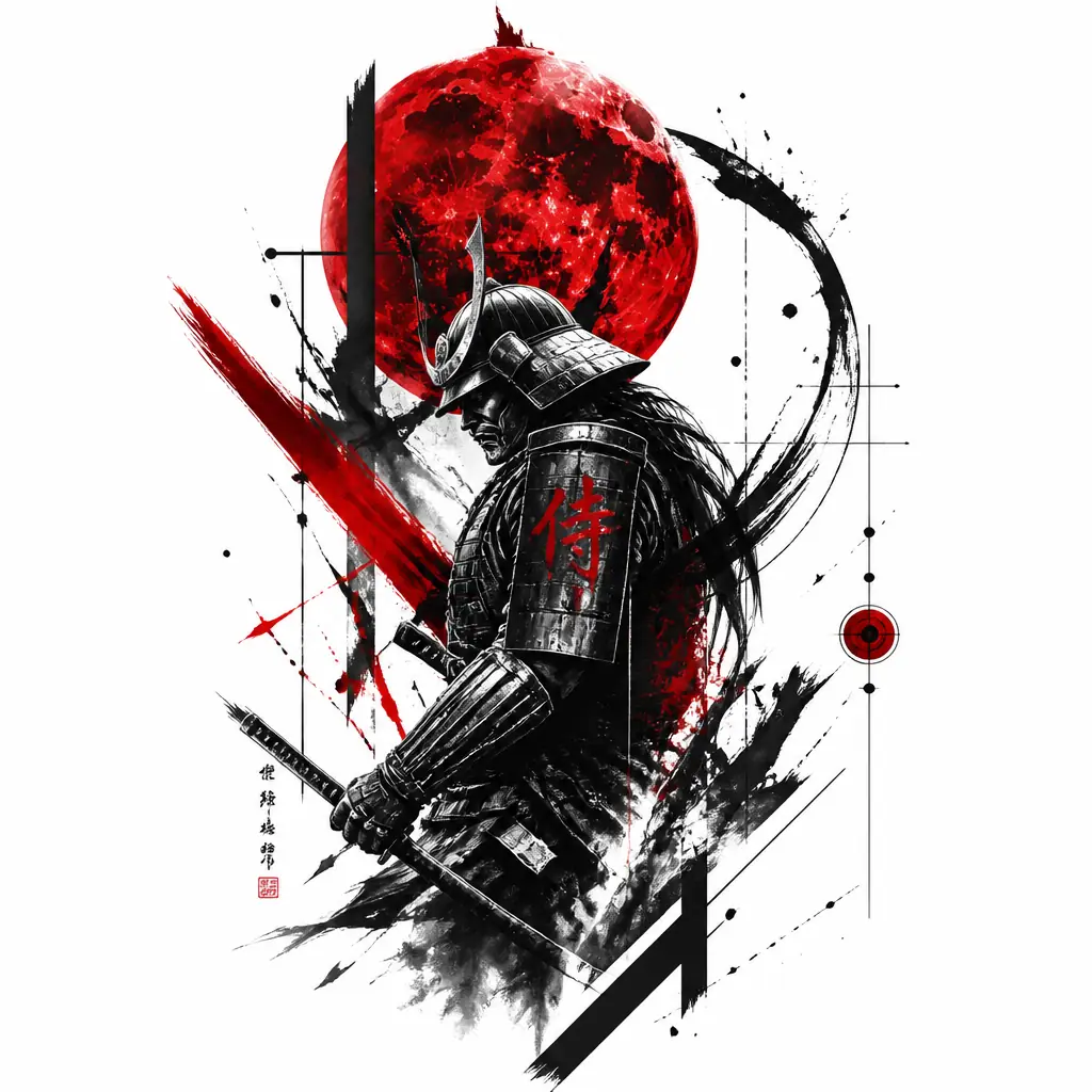 Samurai Game Character With Blood Moon - Trash Polka tattoo design