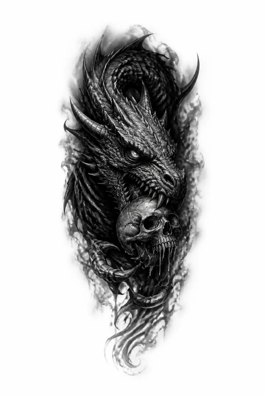 Evil Demonic Dragon Eating A Skull - Black And Grey Full Sleeve tattoo design