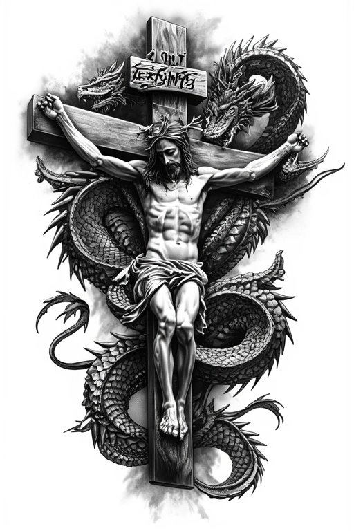 Jesus Cross And Dragon Wrapped - Black And Grey Forearm tattoo design idea for men
