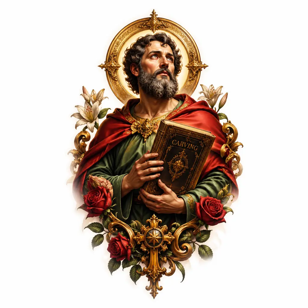 Saint Holding Book Carving - Realism tattoo design