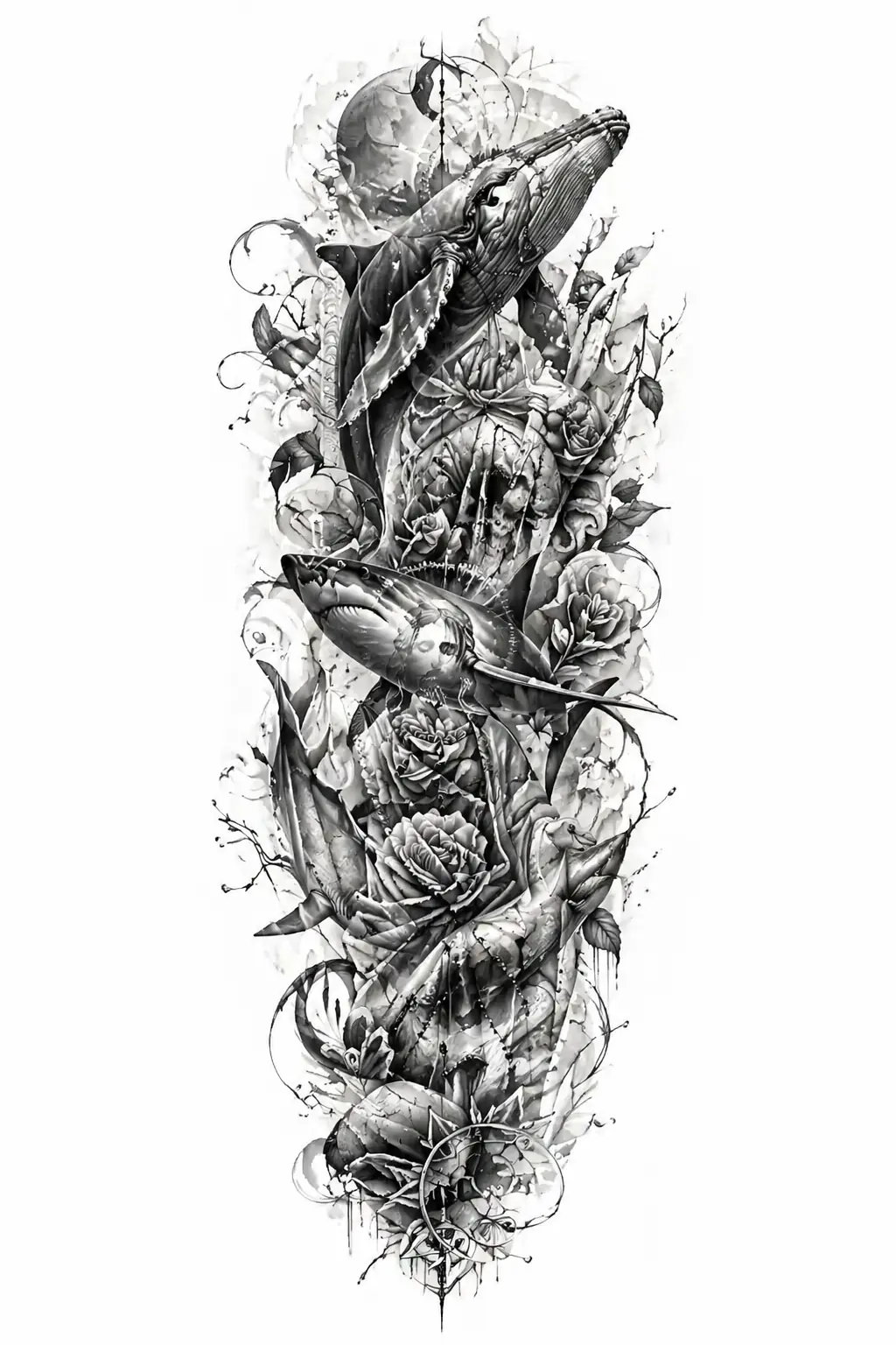 Whales, Sharks, Roses, Skulls - Surrealism Full Sleeve tattoo design