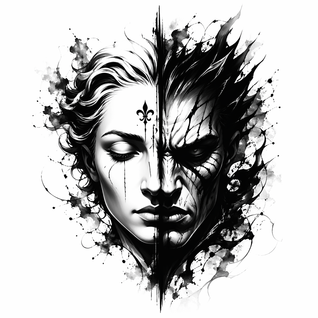 Dual Face Light Vs Dark - Black And Grey tattoo design