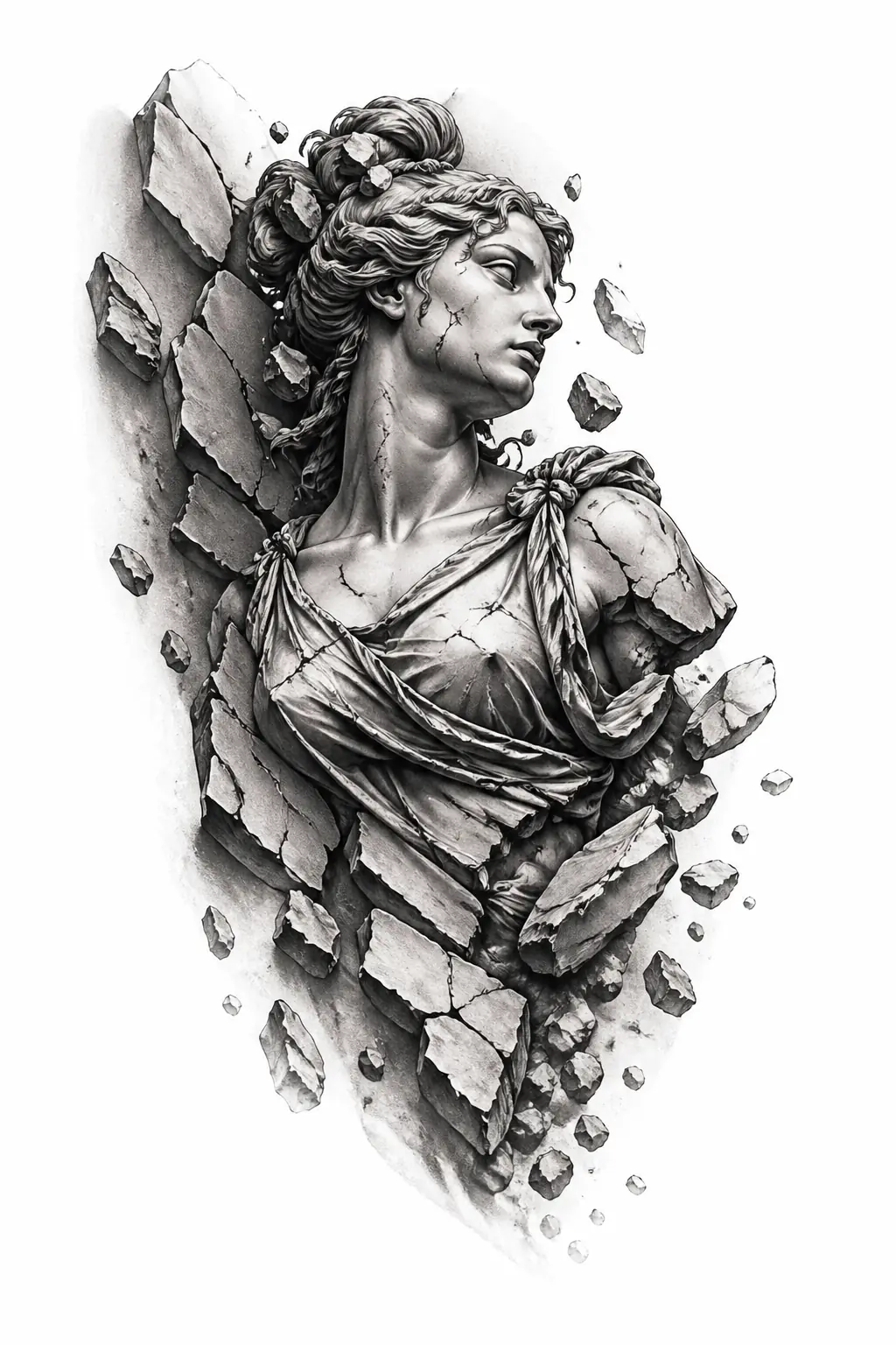 Statue Emerging From Stone - Black And Grey tattoo design