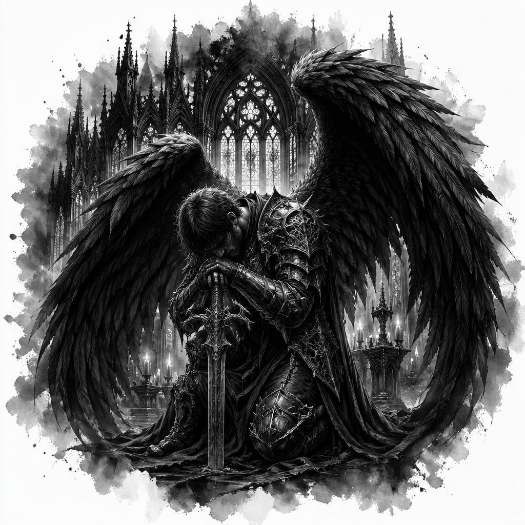 Dark Angel Kneeling In Cathedral - Gothic tattoo design