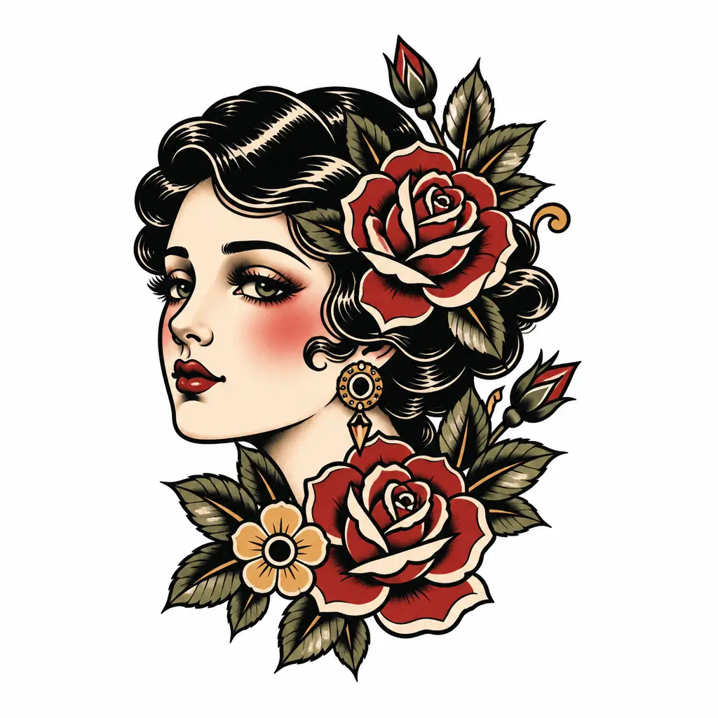 Lady Head With Flowers - Traditional tattoo design