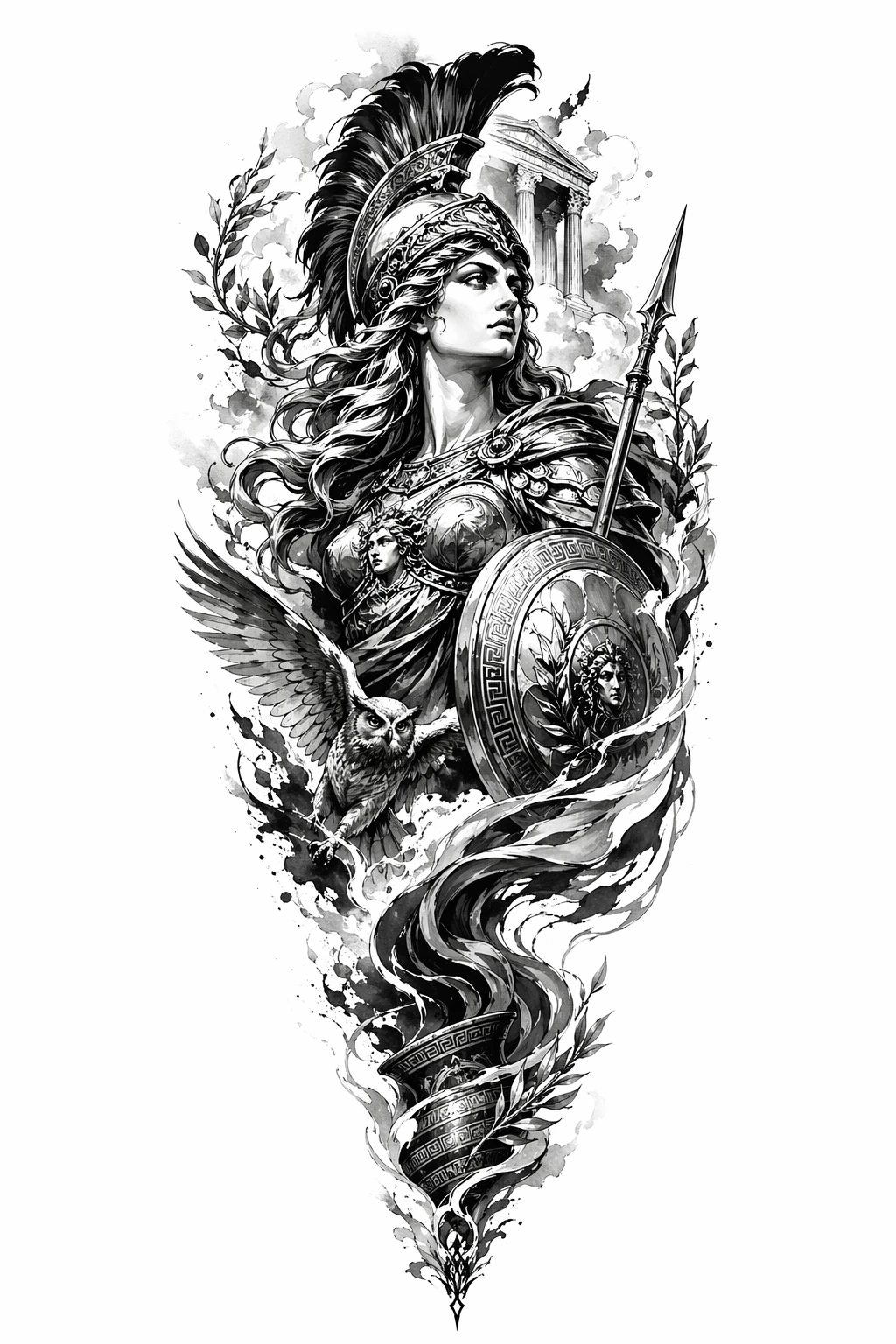 Athena - Black And Grey Full Sleeve tattoo design