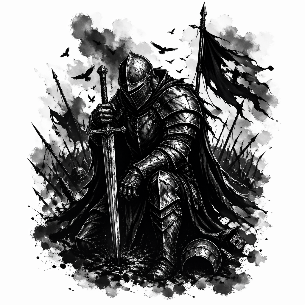 Knight Armor And Battlefield - Black And Grey Back tattoo design idea for men