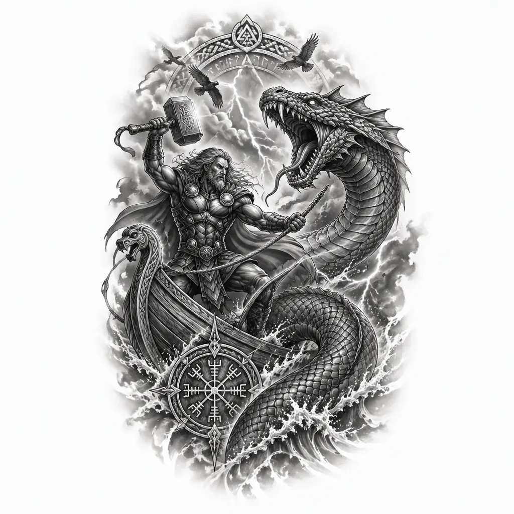 Thor Fishing World Serpent - Black And Grey tattoo design