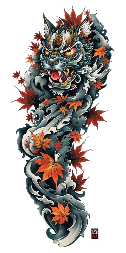 Kitsune Mask And Maple Leaves - Japanese Full Sleeve tattoo design idea for women