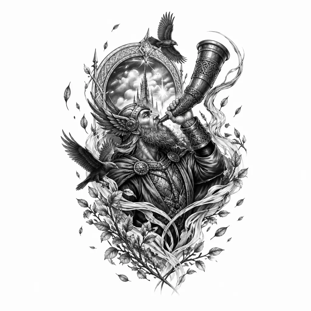 Heimdall Blowing Horn - Black And Grey tattoo design