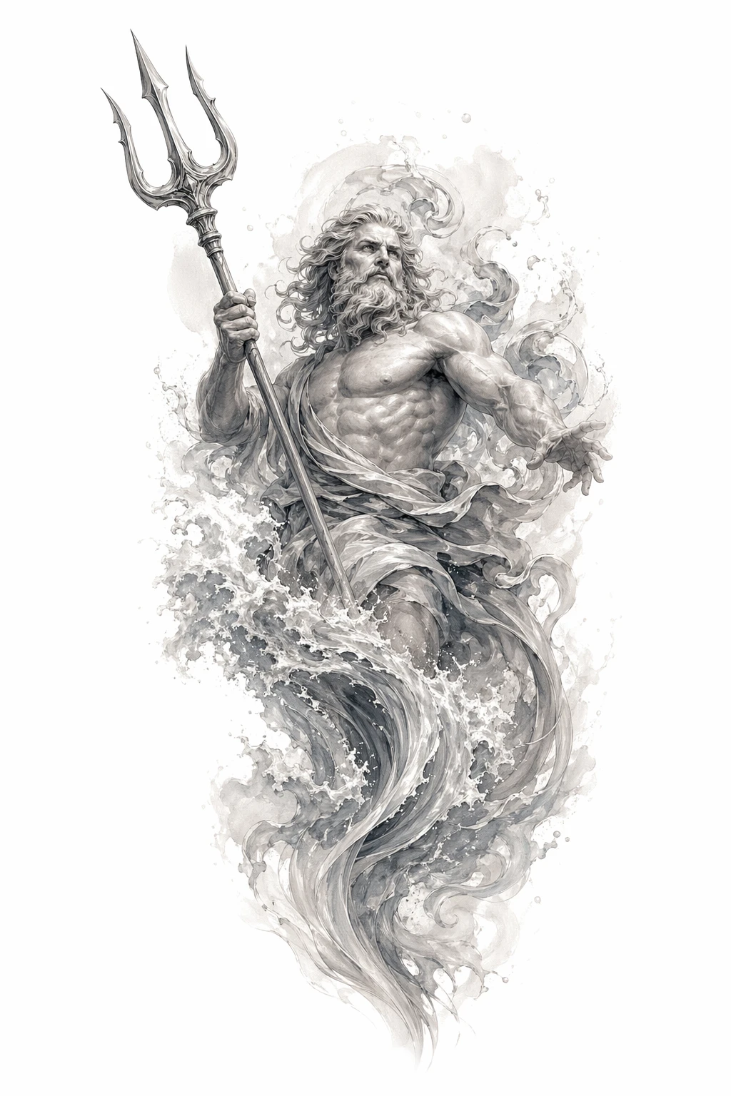 Poseidon Holding A Trident Emerging - Realism Full Sleeve tattoo design