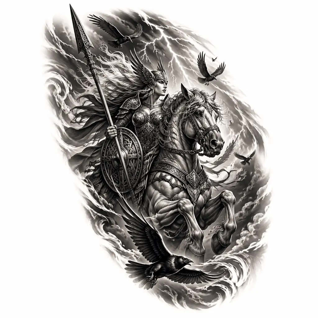 Valkyrie Riding Through Storm - Black And Grey tattoo design