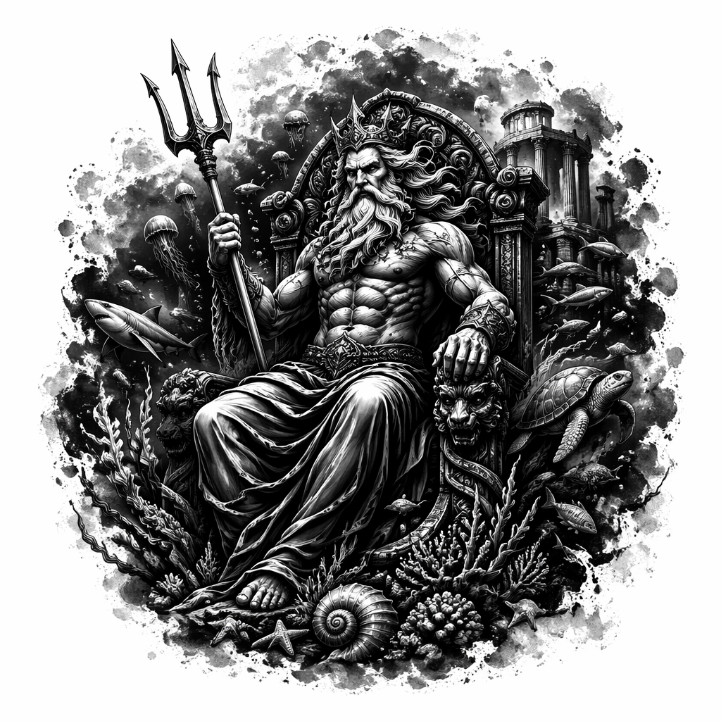 Poseidon Underwater Throne Scene - Black And Grey tattoo design