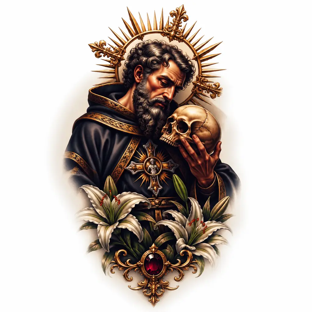 Saint Holding Skull Sculpture - Realism tattoo design