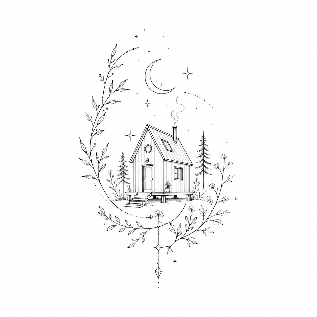 Tiny House Outline, Fine Line, Black Ink, Simple Clean Lines - Minimalist tattoo design