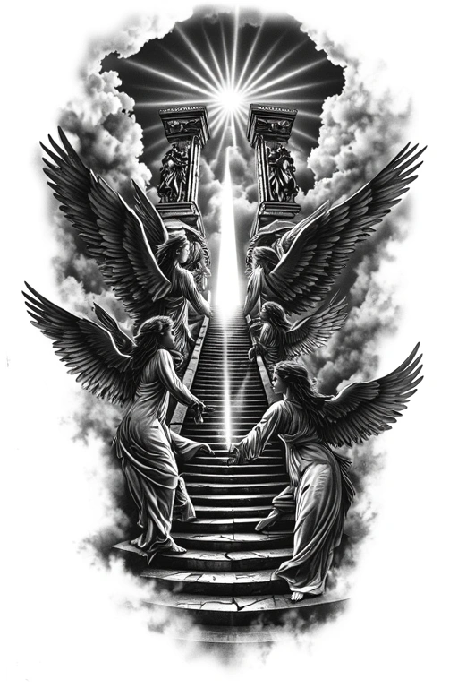 Stairway To Heaven Walking Up Stairs Angels Sun Rays Clouds Heaven Gate At The Top Of The Stairs - Black And Grey Forearm tattoo design idea for men