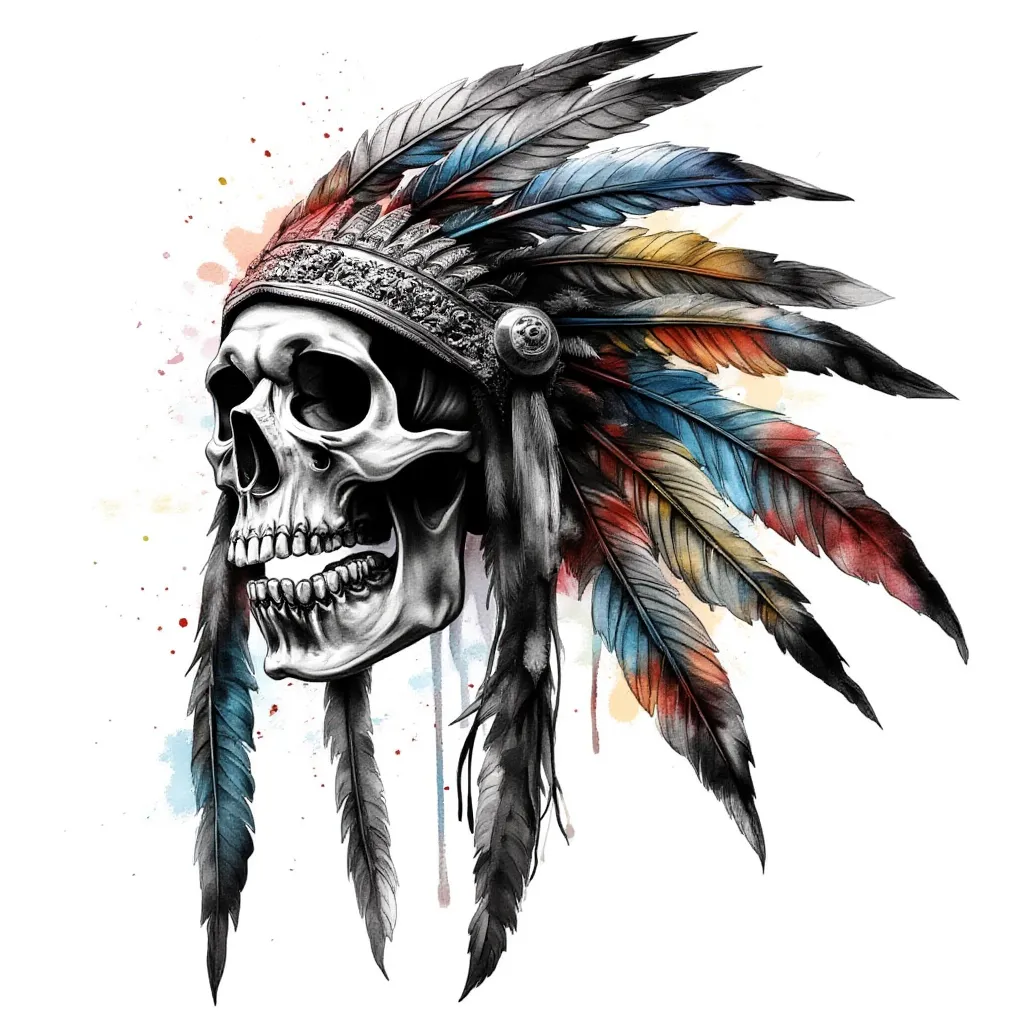 Native American Skull With Head Dress - Watercolor Chest tattoo design idea for men