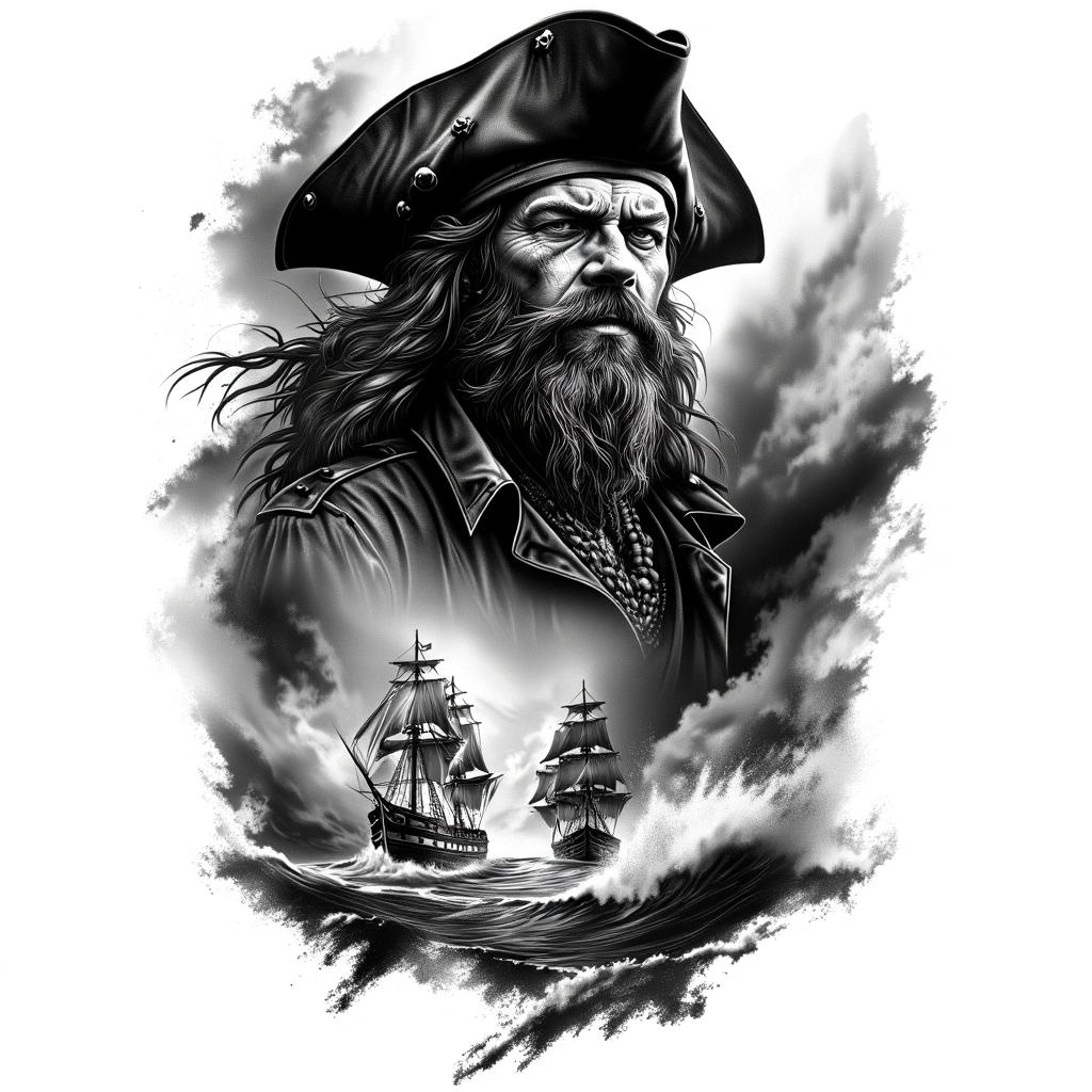 Pirate Captain Portrait Above, Pirate Ship Battle In Stormy Ocean Below, Adventure Narrative Composition - Black And Grey Back tattoo design idea for men