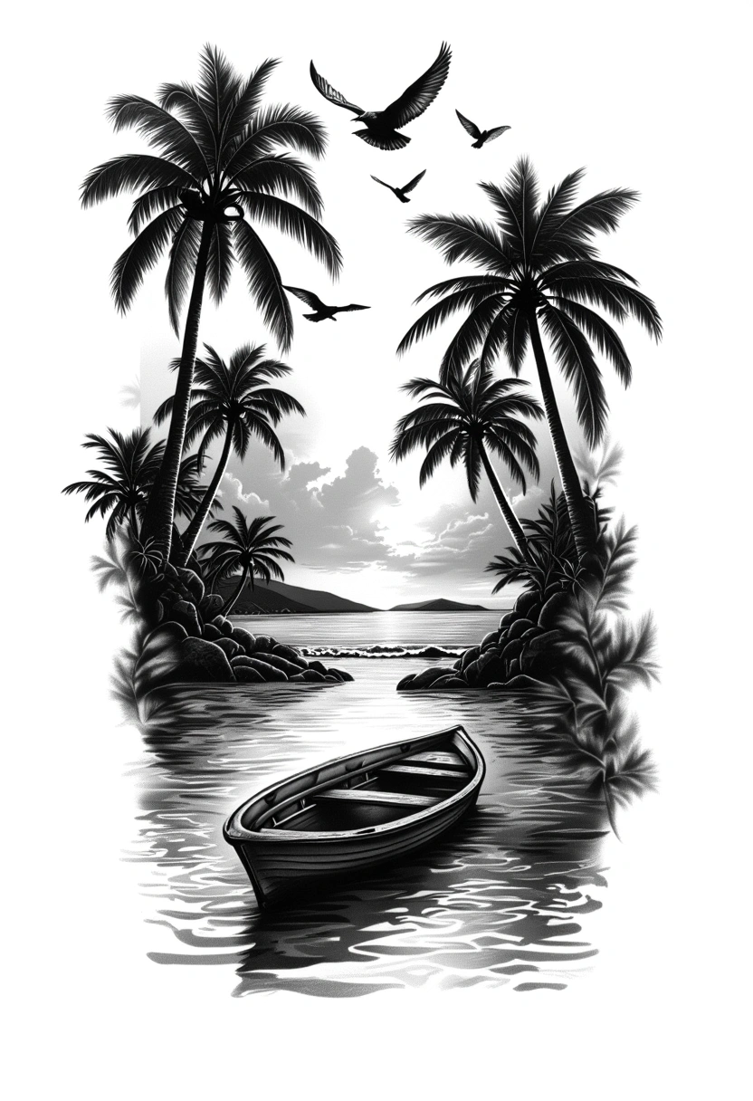 Tropical Beach Scene, Palm Trees, Ocean Shoreline, Small Boat, Sunset, Birds, Island Landscape, Framed Composition - Black And Grey Forearm tattoo design idea for men