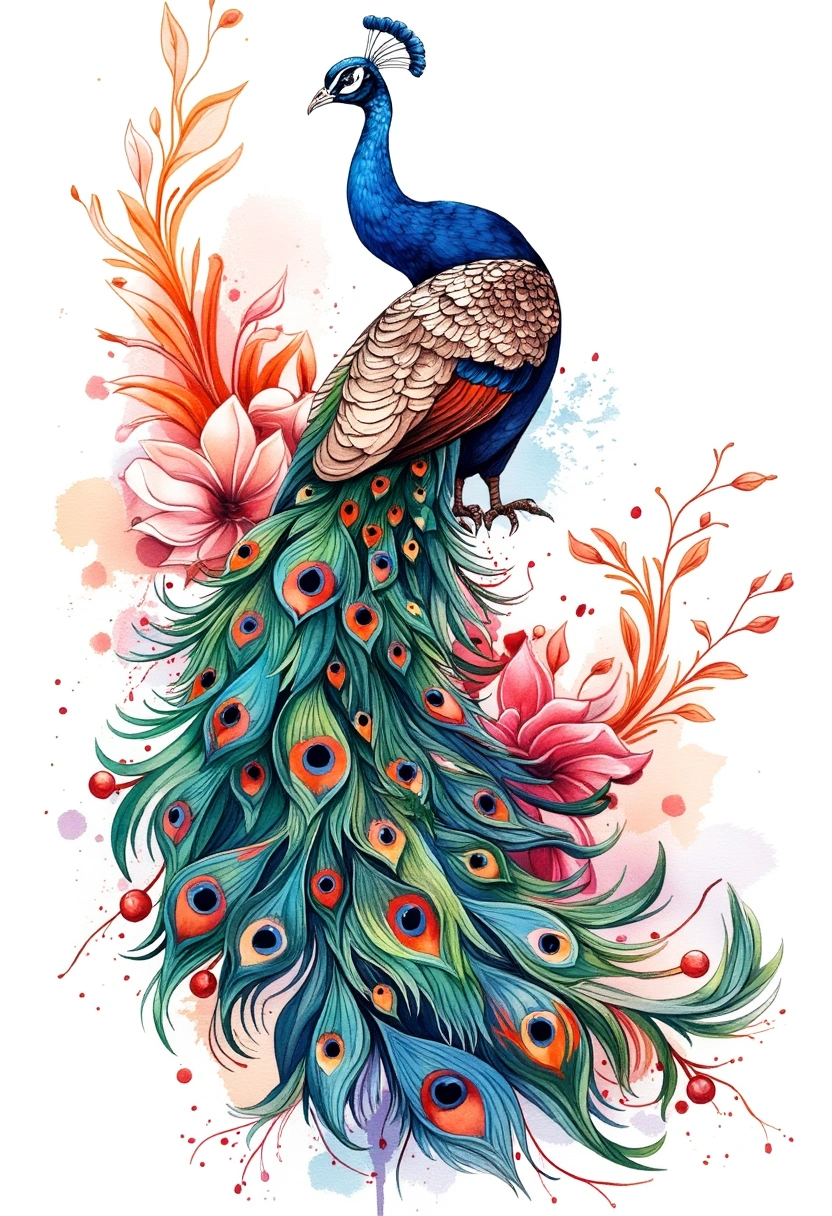 Colorful Peacock With Long Flowing Tail Feathers And Eye Patterns, Surrounded By Red Flowers And Soft Orange Curves, Detailed Feathers - Watercolor tattoo design idea for women