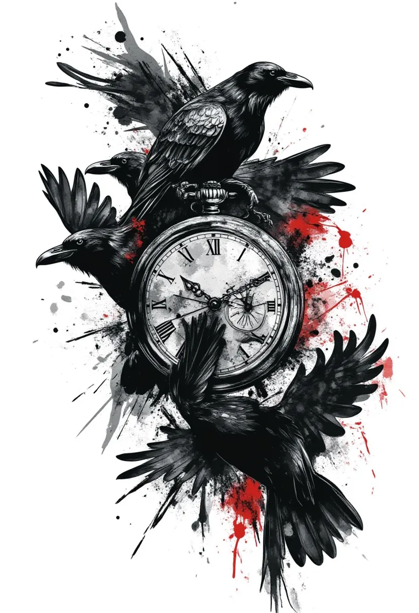 Black Out Space Background, Mountains, Crows, Time Piece - Trash Polka Shoulder tattoo design idea for men