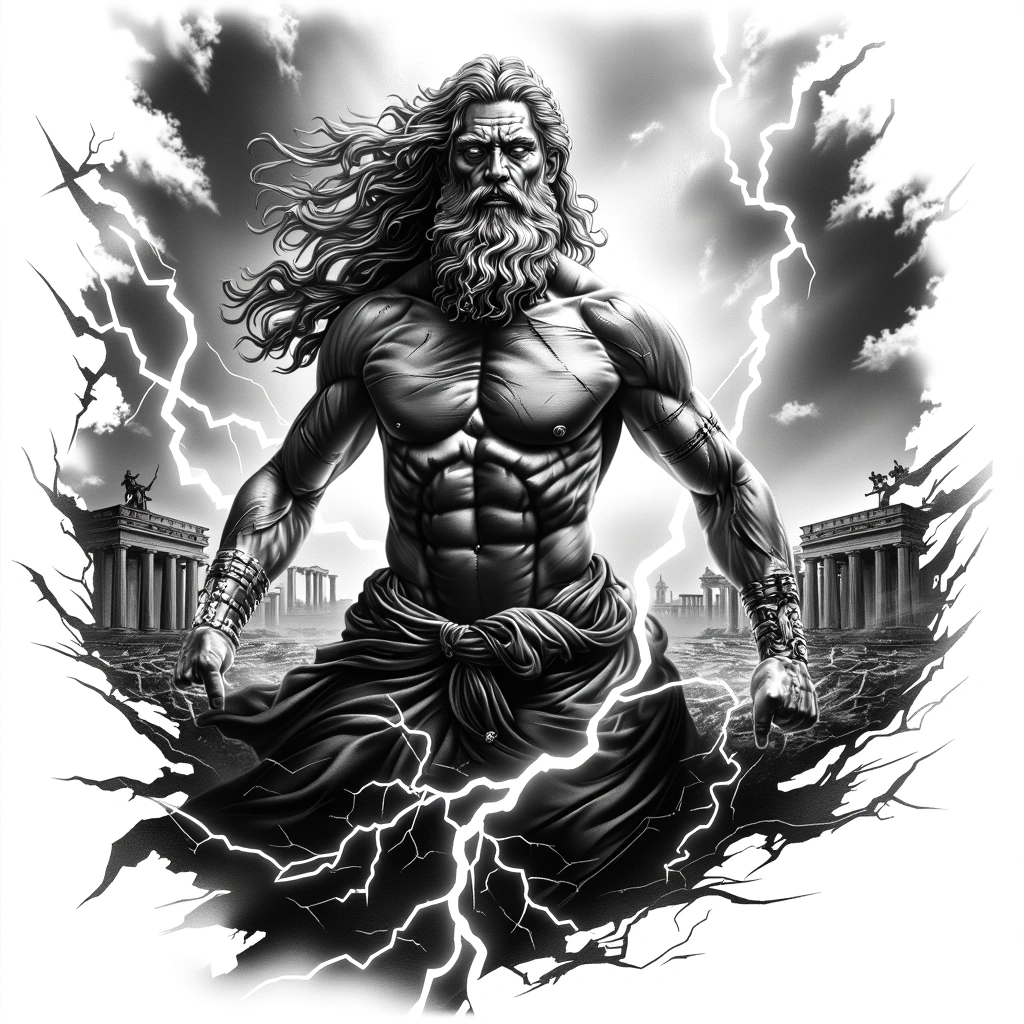 Zues Holding A Thunder Lighting ,Vivid Greek Mythology Battlefield Background - Black And Grey tattoo design idea for men