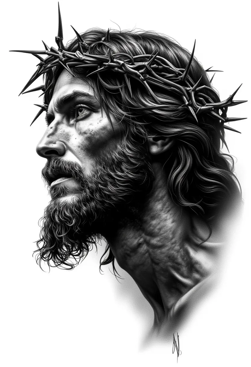 Portrait Of Jesus Christ Side Face Wearing Crown Of Thorns, Divine Light Background - Realism Forearm tattoo design idea for men