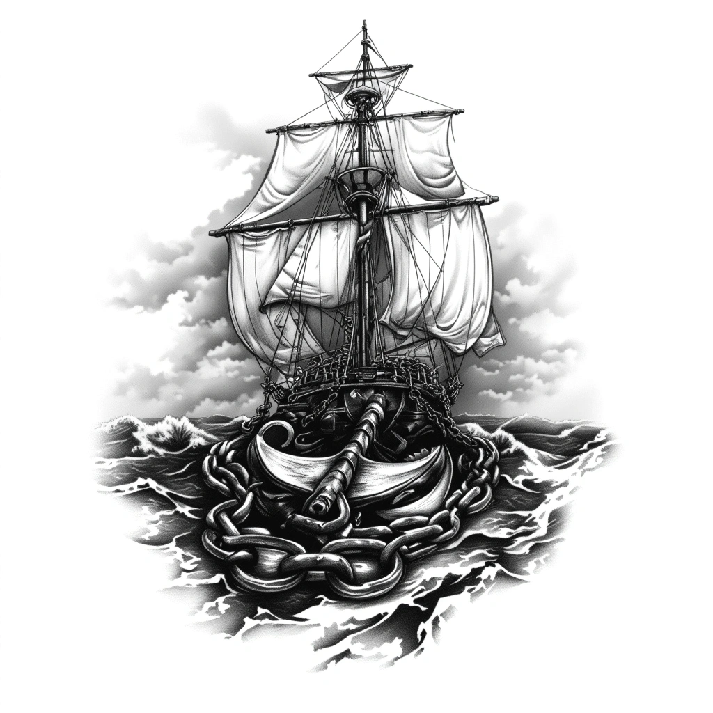 Boat On Rough Sea With Anchor Touching The Seabed - Black And Grey tattoo design